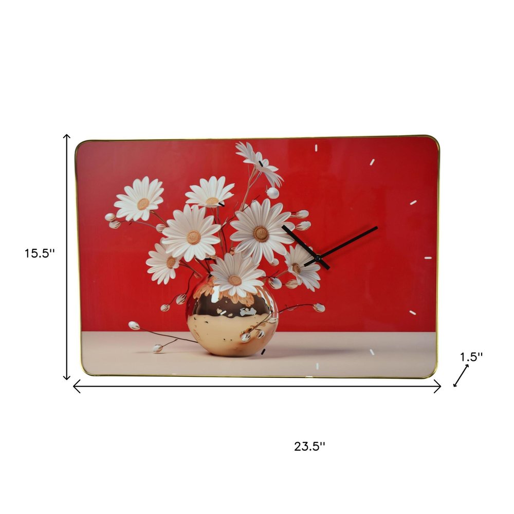 24" Gold Red And White Solid Wood and Acrylic Silent Daisies Floral Wall Clock