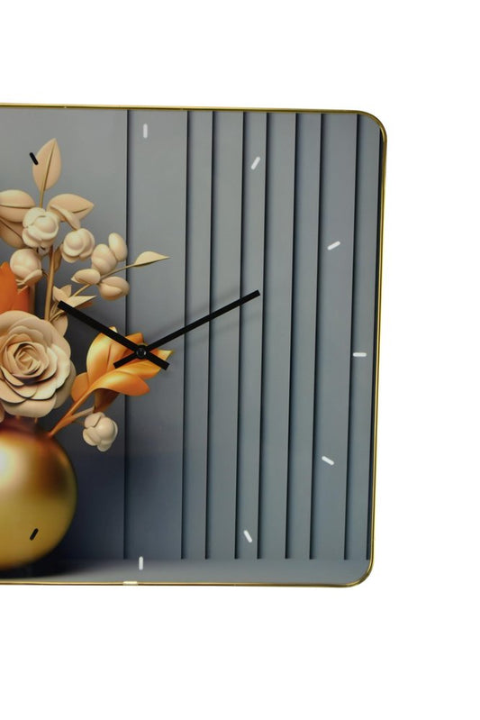 24" Beige Gold And Gray Solid Wood and Acrylic Silent Analog Floral Wall Clock