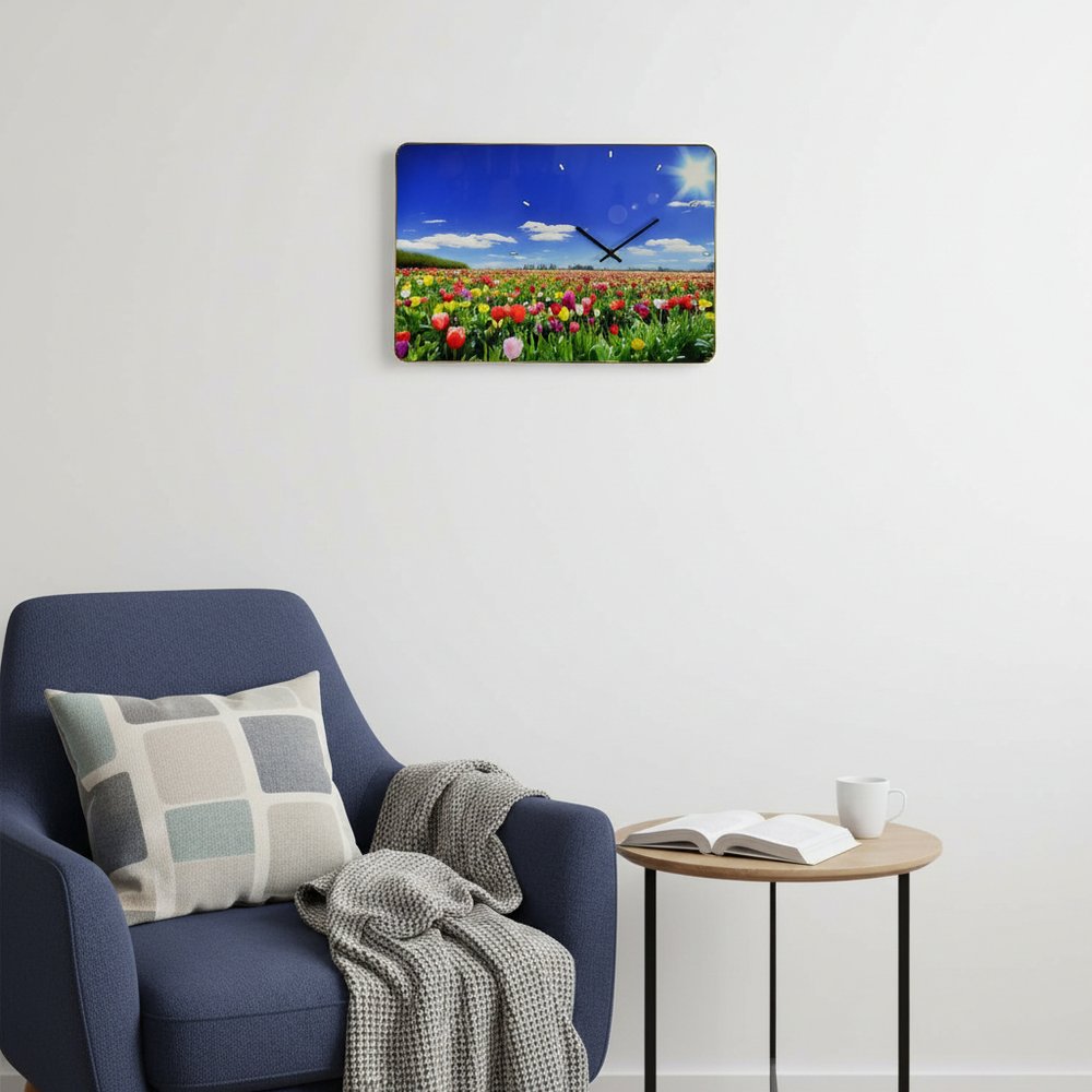 24" Blue Red And Gold Solid Wood and Acrylic Silent Tulips Floral Wall Clock