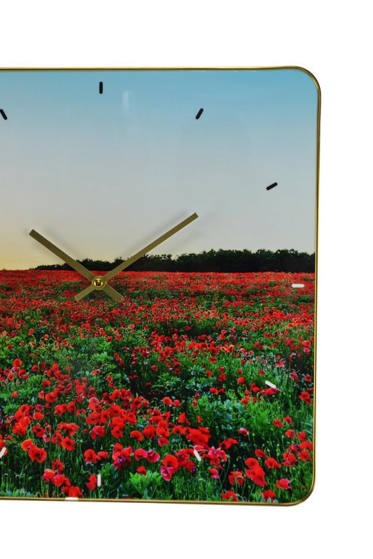 24" Red Blue And Gold Solid Wood and Acrylic Silent Poppies Floral Wall Clock