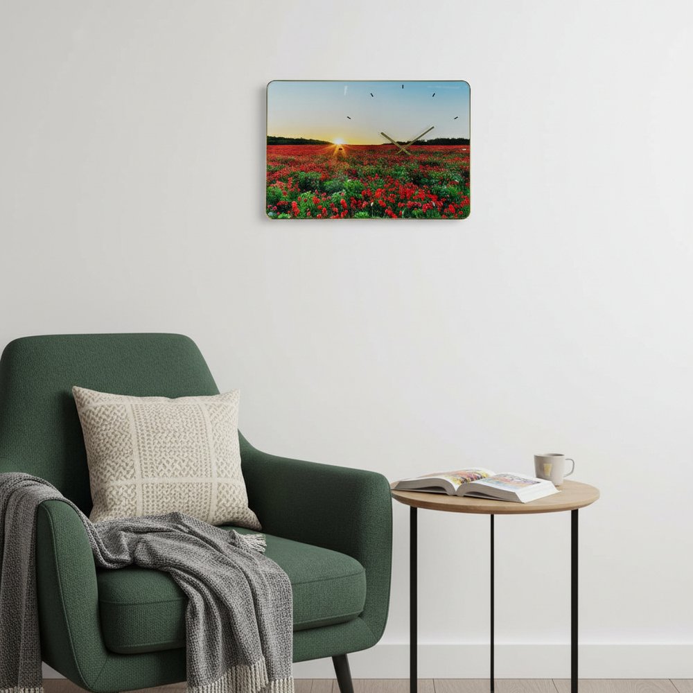 24" Red Blue And Gold Solid Wood and Acrylic Silent Poppies Floral Wall Clock