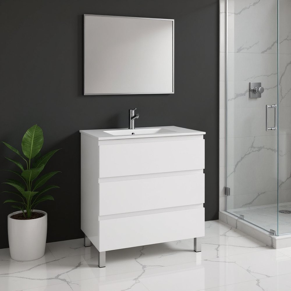 28" White Wood Freestanding Bathroom Vanity With White Sink And Three Drawers