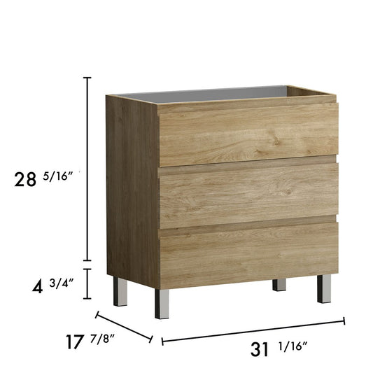 32" Oak Wood Freestanding Bathroom Vanity With White Sink And Three Drawers