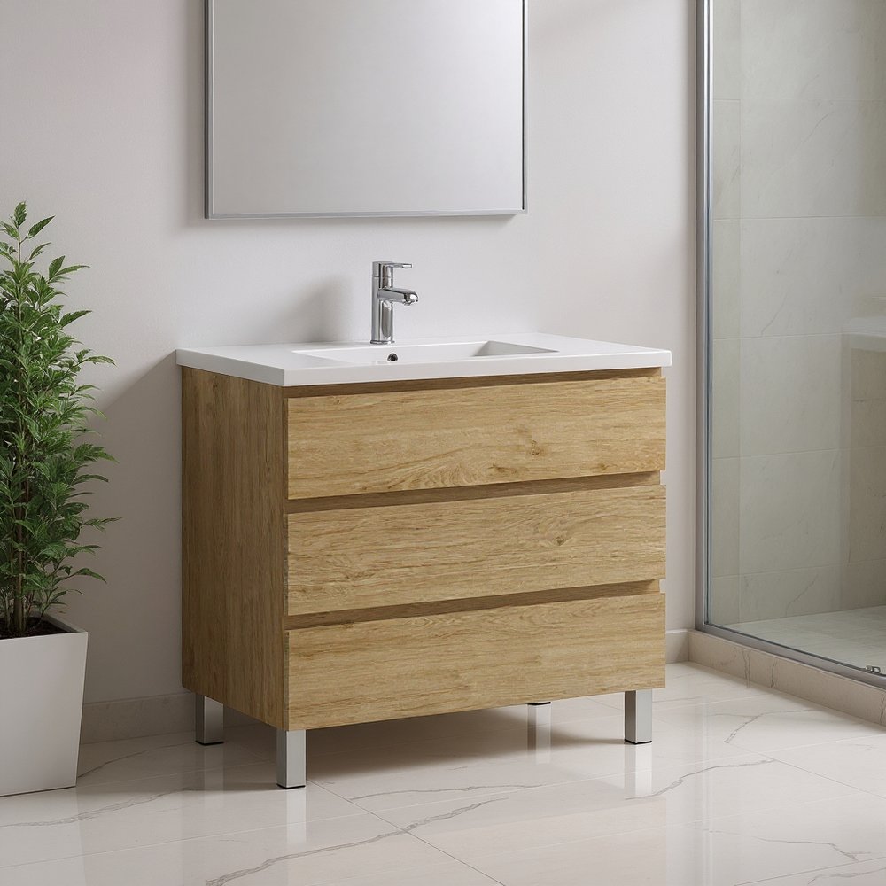 32" Oak Wood Freestanding Bathroom Vanity With White Sink And Three Drawers