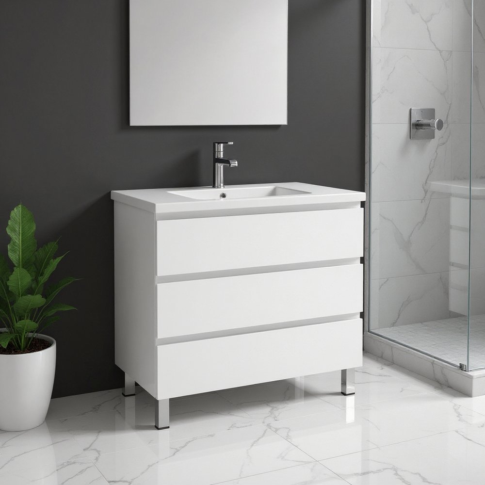 36" White Wood Freestanding Bathroom Vanity With White Sink And Three Drawers