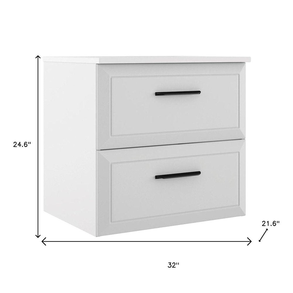 32" White Wood Freestanding Bathroom Vanity With White Sink And Two Drawers