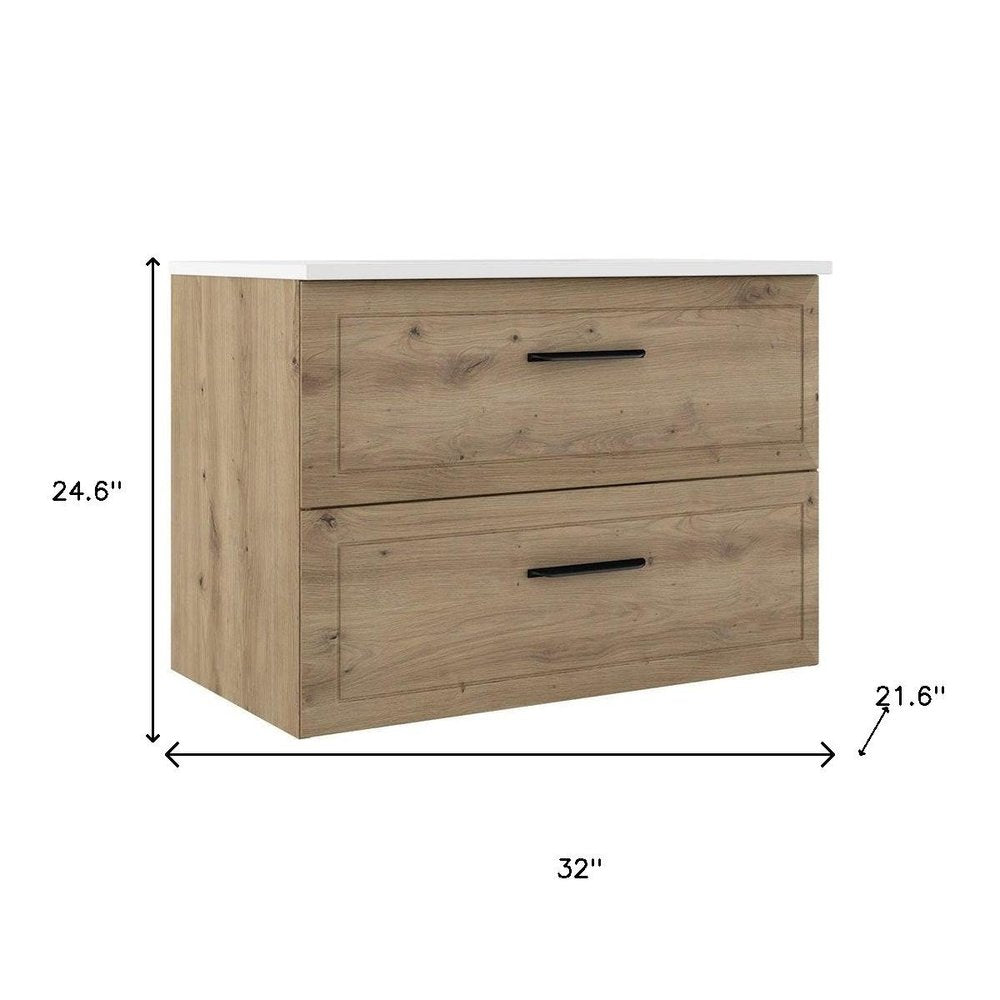 32" Natural Wood Freestanding Bathroom Vanity With White Sink And Two Drawers