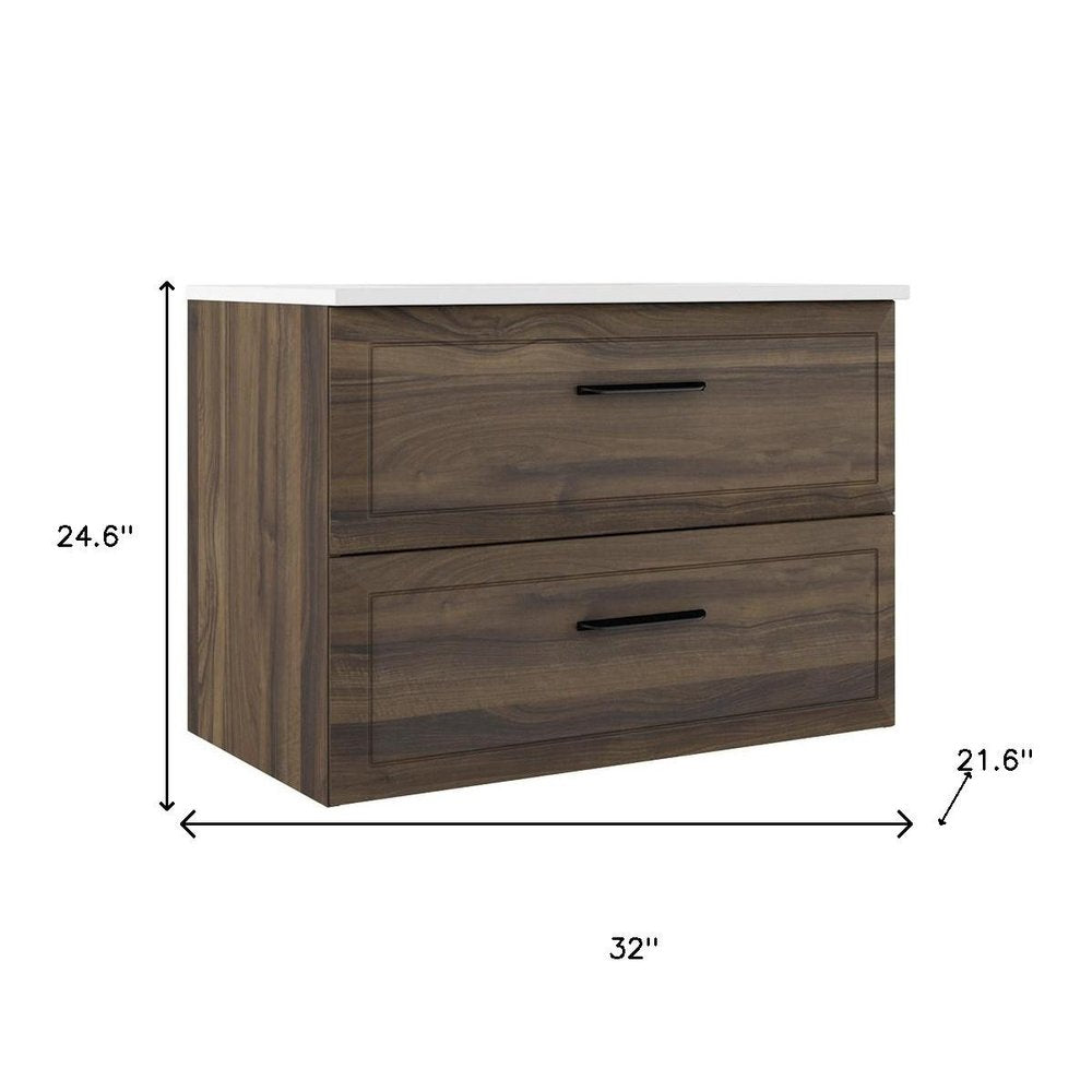 32" Dark Brown Wood Freestanding Bathroom Vanity With White Sink And Two Drawers