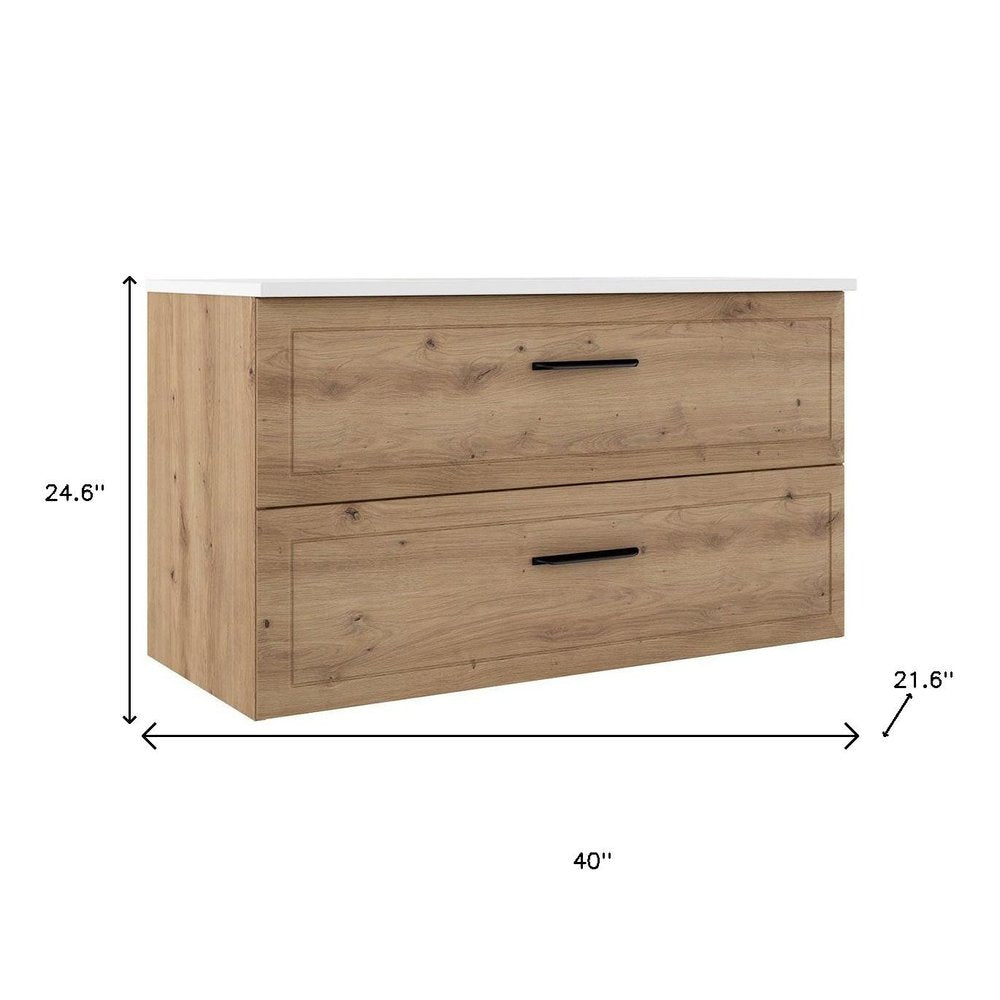 40" Natural Wood Freestanding Bathroom Vanity With White Sink And Two Drawers