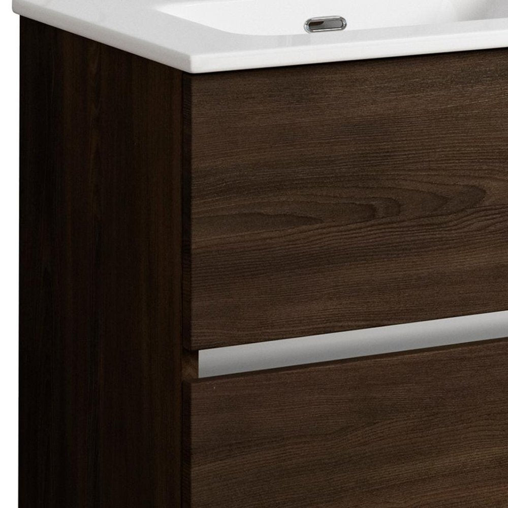 24" Dark Brown Wood Freestanding Bathroom Vanity With White Sink And Two Drawers