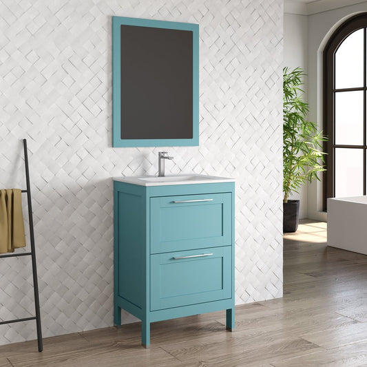 24" Blue Wood Freestanding Bathroom Vanity With White Sink And Two Drawers
