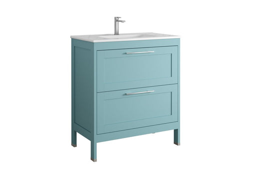 32" Blue Wood Freestanding Bathroom Vanity With White Sink And Two Drawers