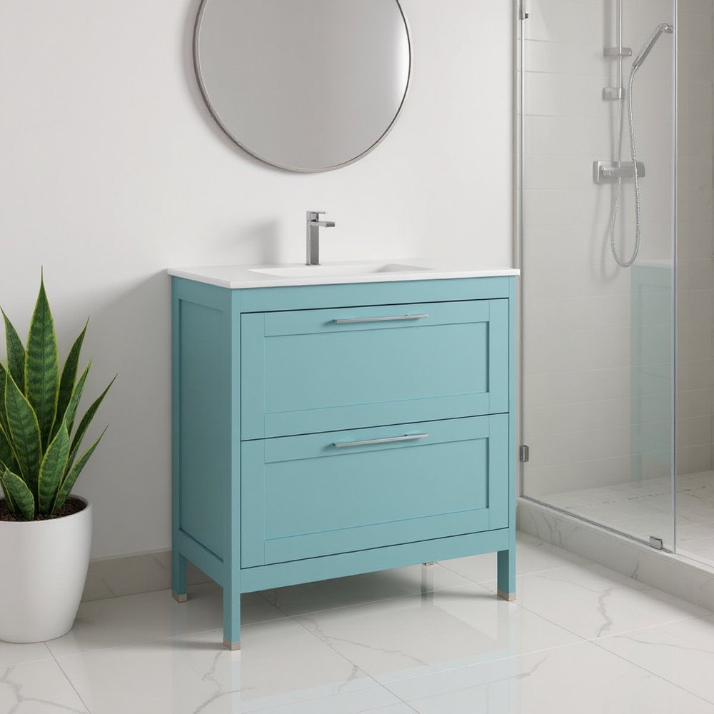 32" Blue Wood Freestanding Bathroom Vanity With White Sink And Two Drawers