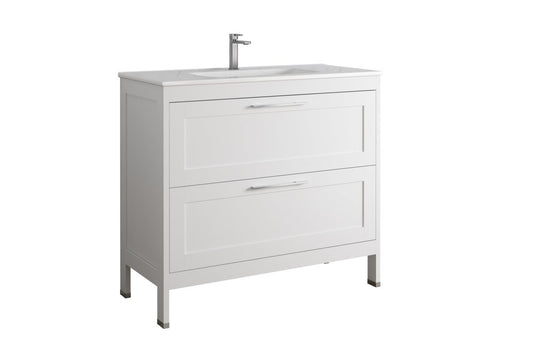 40" White Wood Freestanding Bathroom Vanity With White Sink And Two Drawers