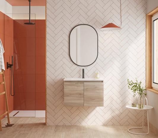 28" Natural Wood Freestanding Bathroom Vanity With White Sink And Two Drawers