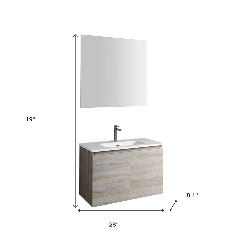 28" Natural Wood Freestanding Bathroom Vanity With White Sink And Two Drawers