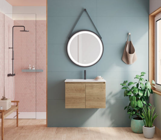 28" Oak Wood Freestanding Bathroom Vanity With White Sink And Two Drawers