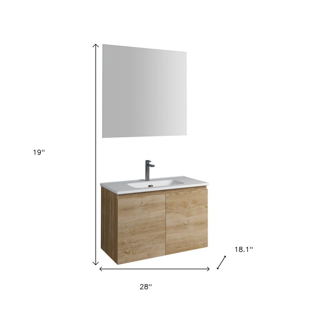 28" Oak Wood Freestanding Bathroom Vanity With White Sink And Two Drawers