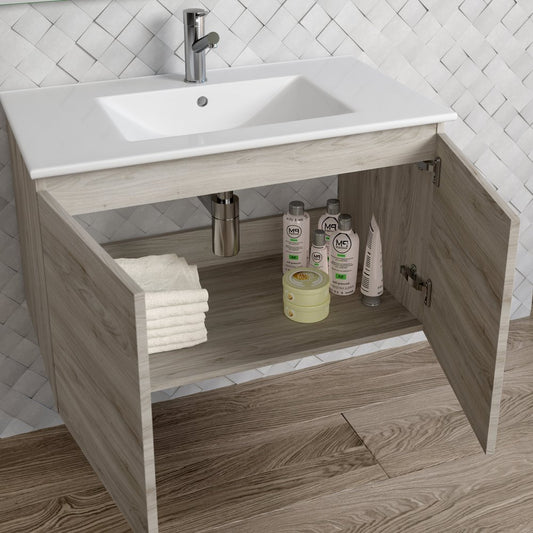 32" Natural Wood Freestanding Bathroom Vanity With White Sink And Two Drawers