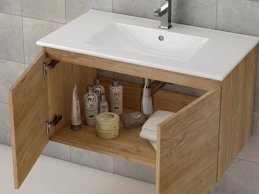 32" Oak Wood Freestanding Bathroom Vanity With White Sink And Two Drawers