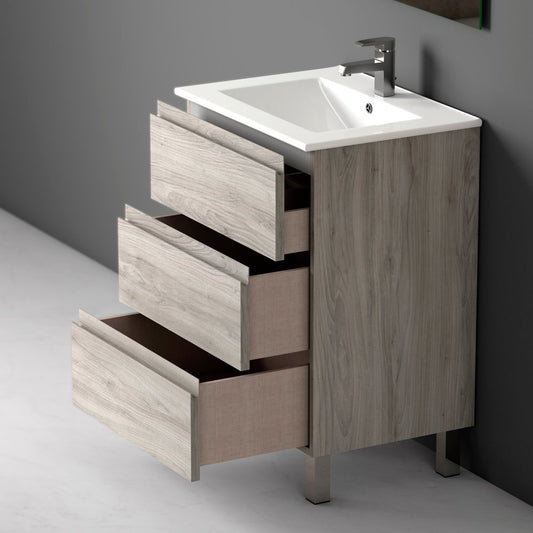 24" Natural Wood Freestanding Bathroom Vanity With White Sink And Two Drawers
