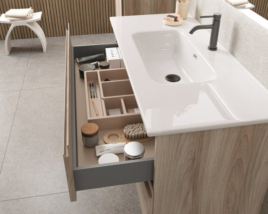 28" Natural Wood Freestanding Bathroom Vanity With White Sink And Two Drawers