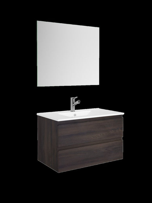 32" Dark Brown Wood Freestanding Bathroom Vanity With White Sink And Two Drawers