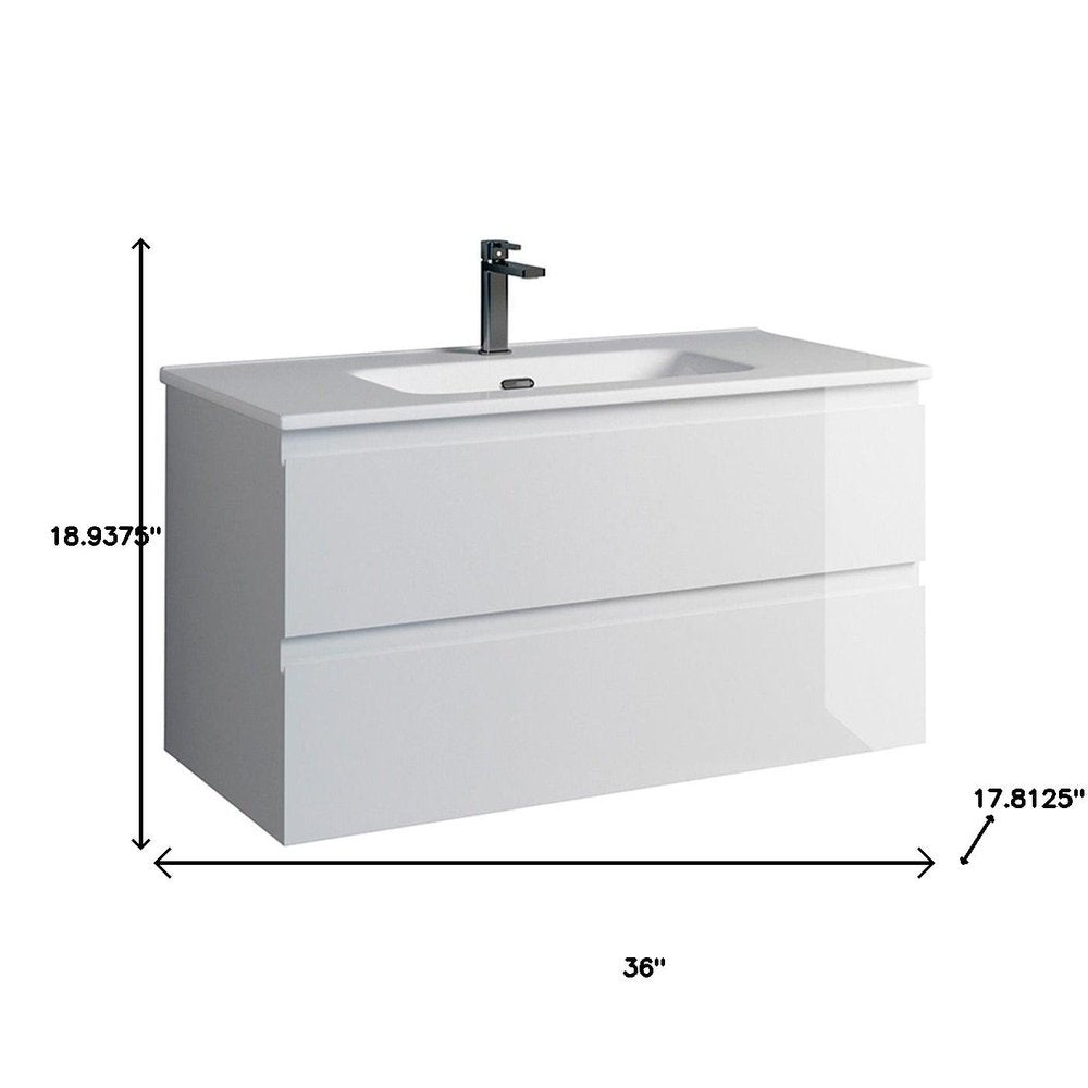 36" White Wood Freestanding Bathroom Vanity With White Sink And Two Drawers