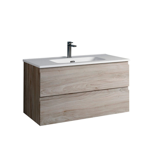 36" Natural Wood Freestanding Bathroom Vanity With White Sink And Two Drawers