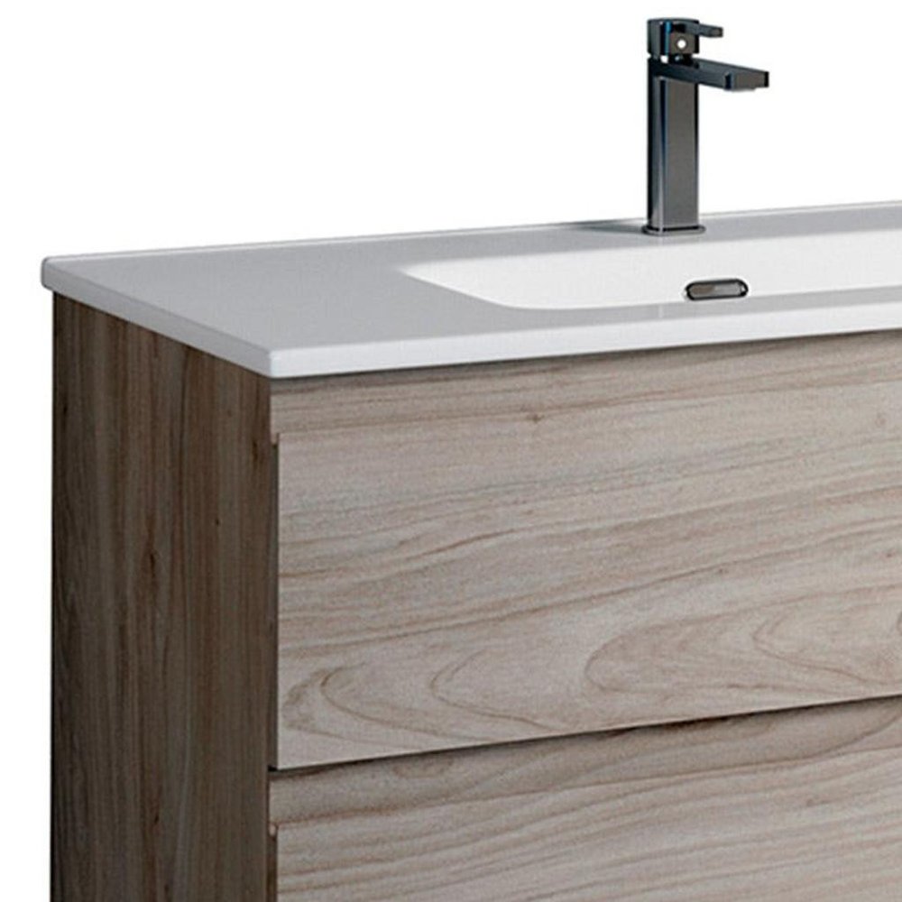 36" Natural Wood Freestanding Bathroom Vanity With White Sink And Two Drawers
