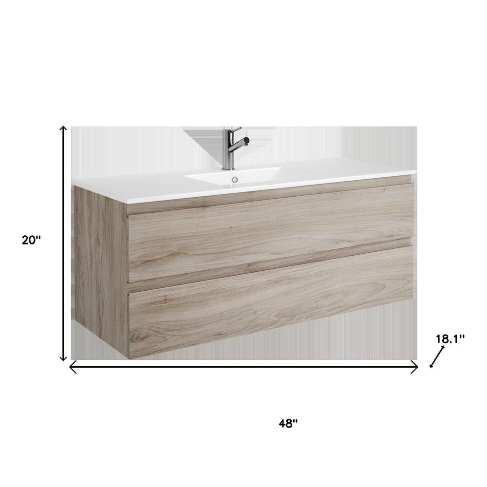 48" Natural Wood Freestanding Bathroom Vanity With White Sink And Two Drawers