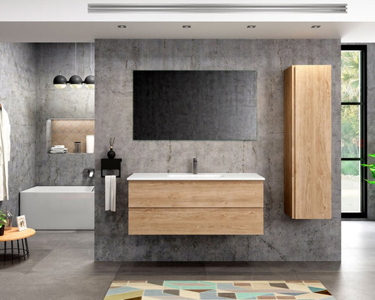 48" Oak Wood Freestanding Bathroom Vanity With White Sink And Two Drawers