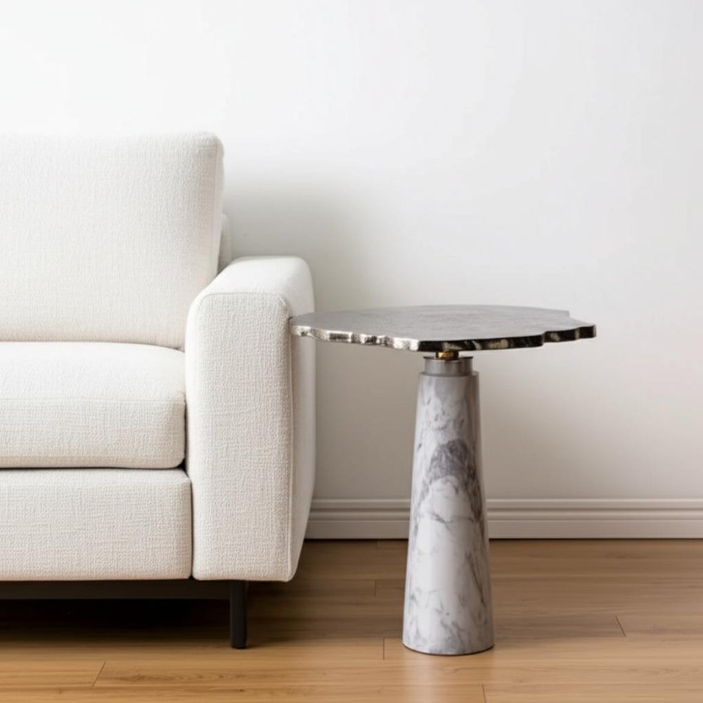 22" Silver and White Aluminum and Marble Pedestal End Table