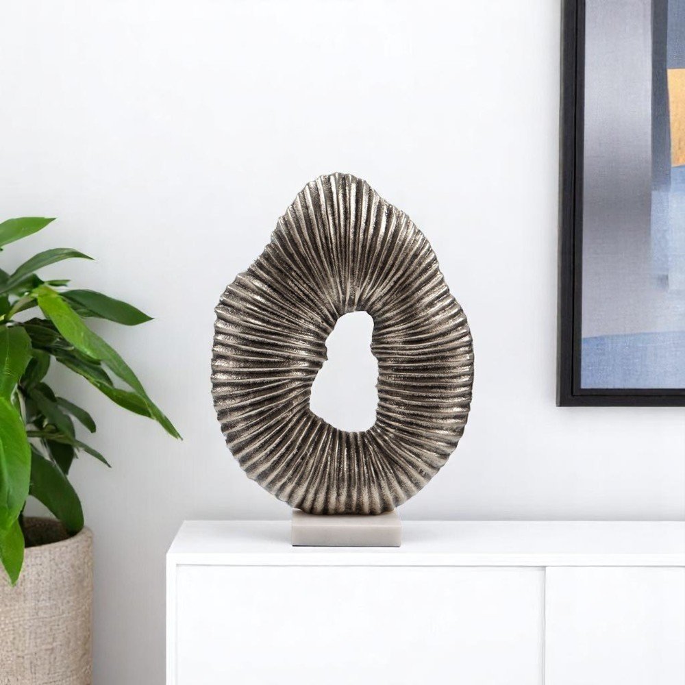 17" Silver And White Aluminum And Marble Tabletop Sculpture