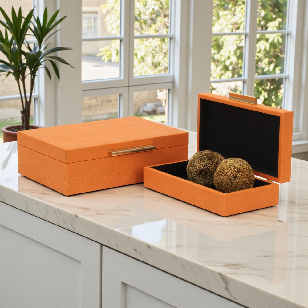 Set Of Two Orange Faux Shagreen Jewelry Boxes With Decorative Hardware