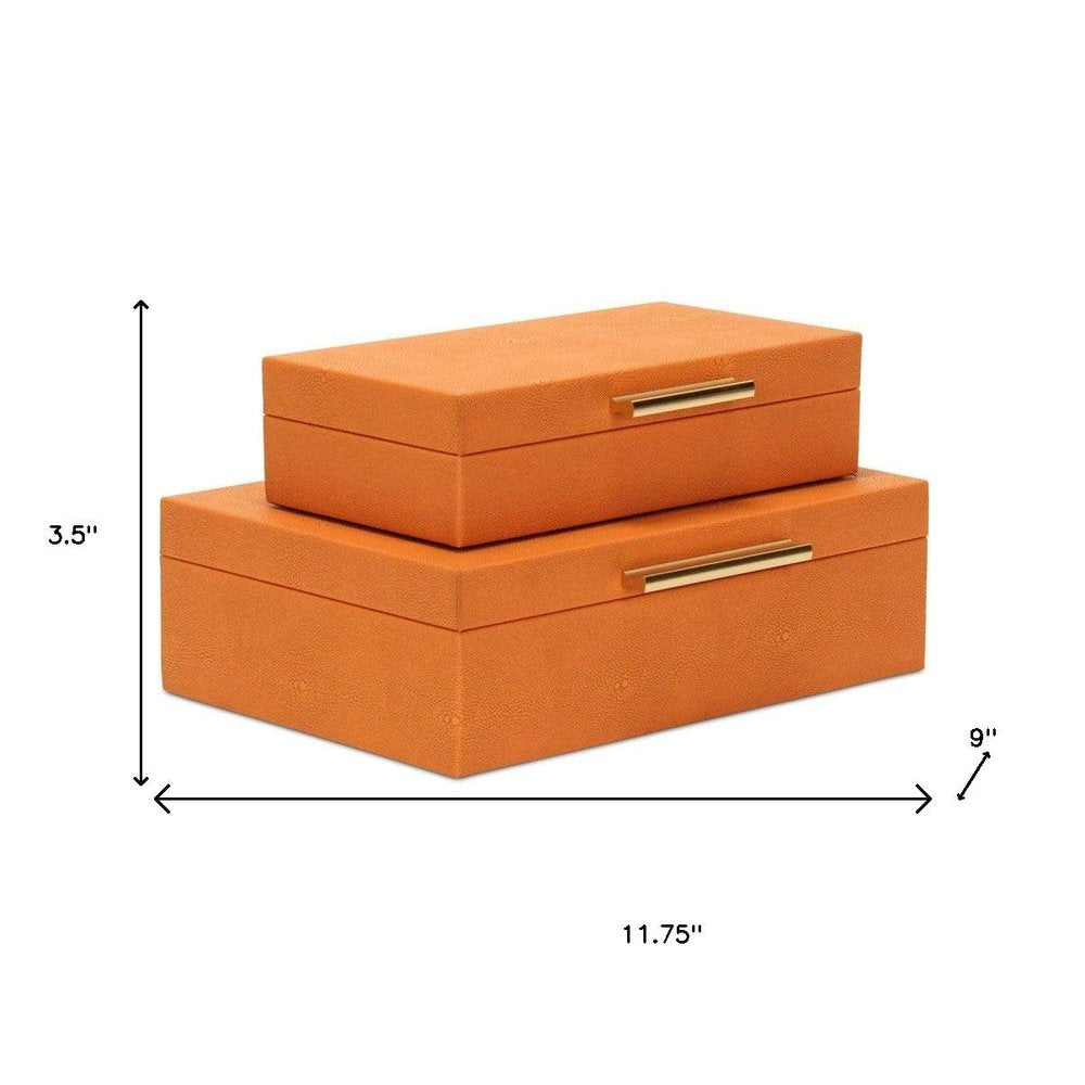 Set Of Two Orange Faux Shagreen Jewelry Boxes With Decorative Hardware