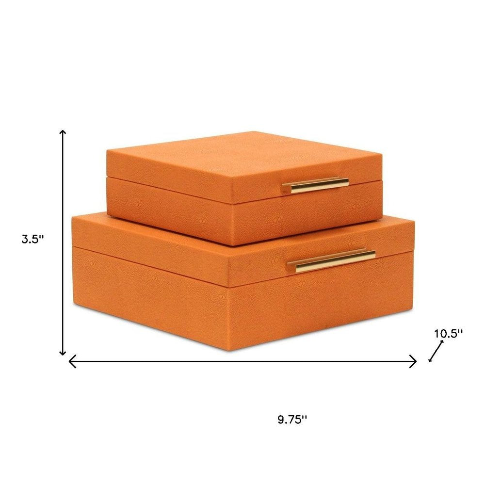 Set Of Two Orange Faux Shagreen Jewelry Boxes With Decorative Hardware