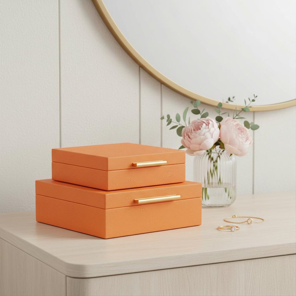Set Of Two Orange Faux Shagreen Jewelry Boxes With Decorative Hardware