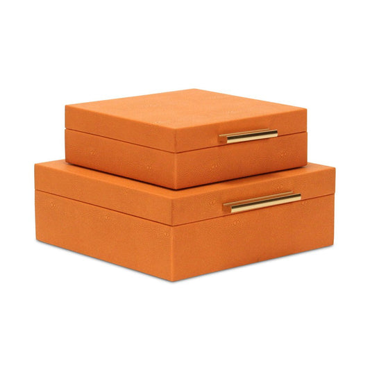 Set Of Two Orange Faux Shagreen Jewelry Boxes With Decorative Hardware