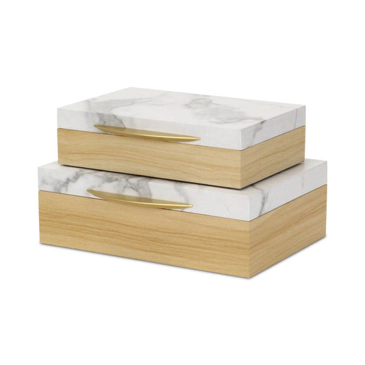 Set Of Two Natural And White Wood And Faux Marble Jewelry Boxes