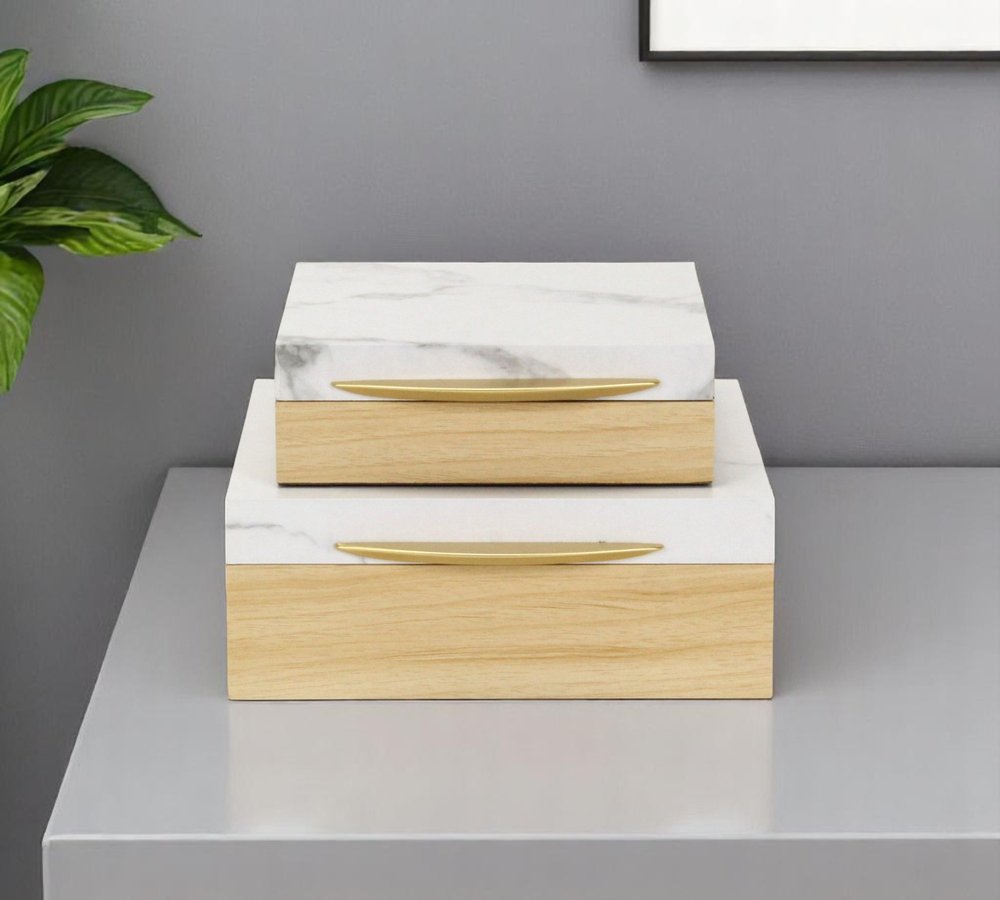 Set Of Two Natural And White Faux Marble And Wood Jewelry Box