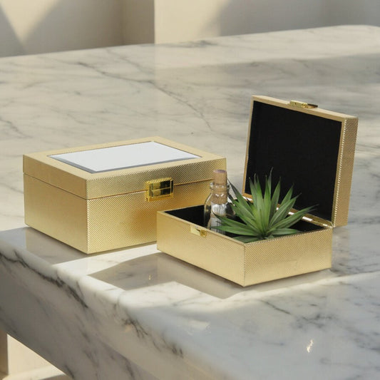 Set Of Two Gold Faux Leather And Mirrored Glass Jewelry Boxes