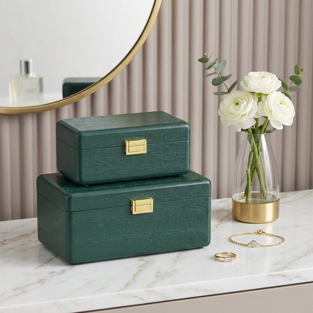 Set Of Two Green Solid Wood Jewelry Boxes