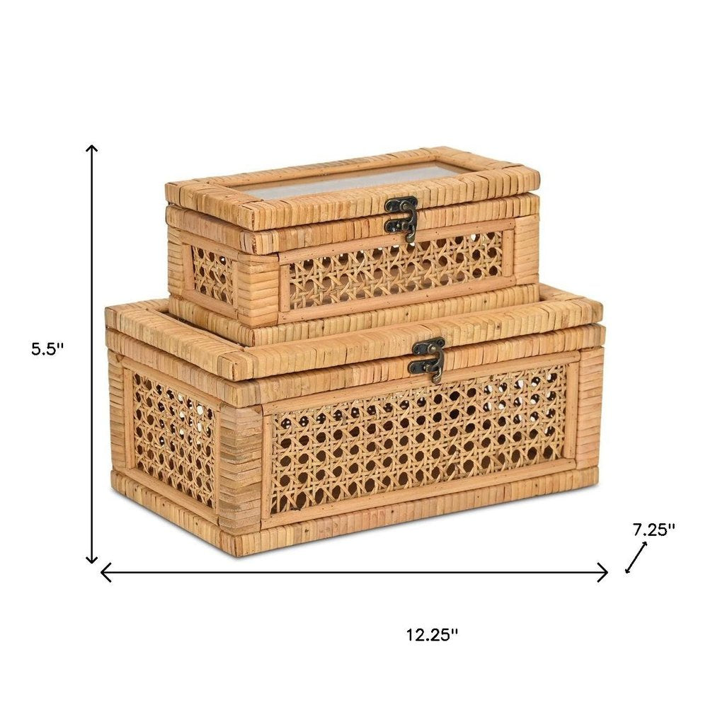 Set Of Two Natural Wood Rattan And Glass Jewelry Boxes