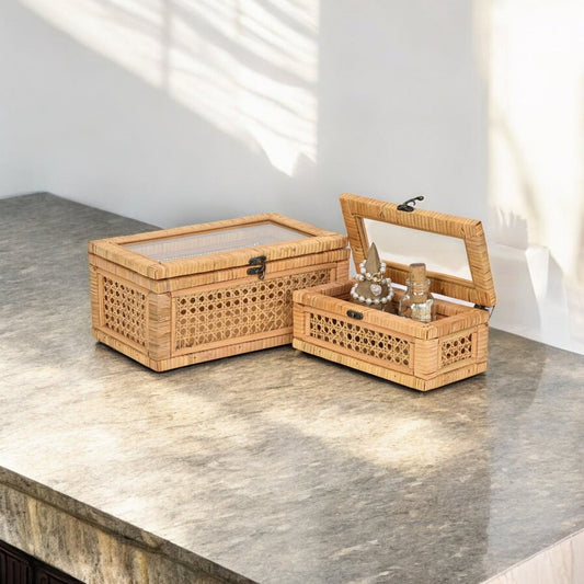 Set Of Two Natural Wood Rattan And Glass Jewelry Boxes