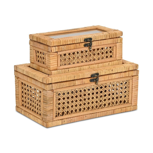 Set Of Two Natural Wood Rattan And Glass Jewelry Boxes