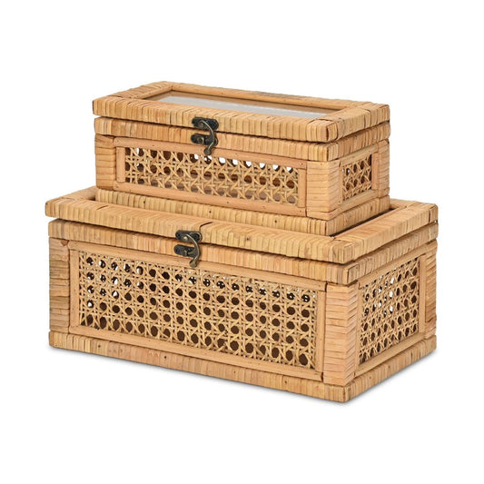 Set Of Two Natural Wood Rattan And Glass Jewelry Boxes