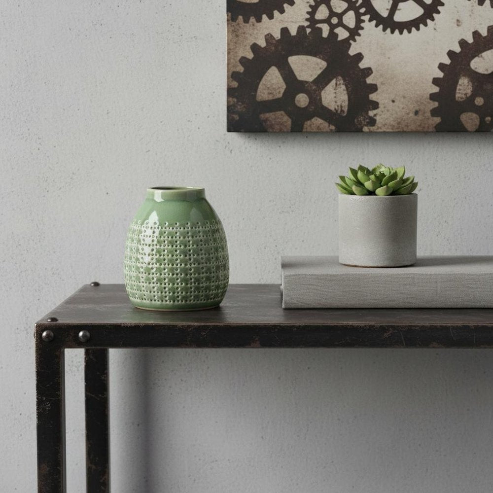 7" Green And White Round Clay Table Vase