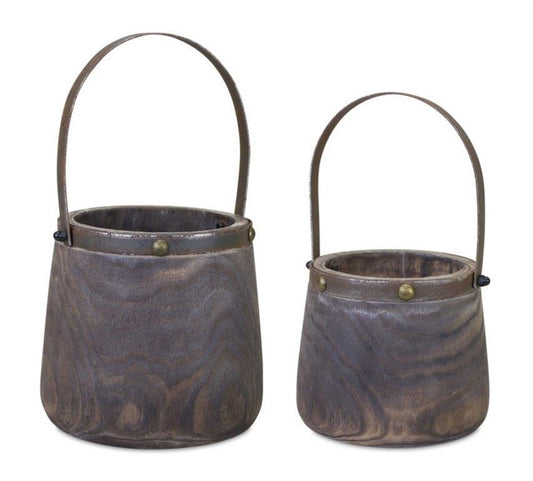 Set of Two Brown Wood And Steel Bucket Pot Planters