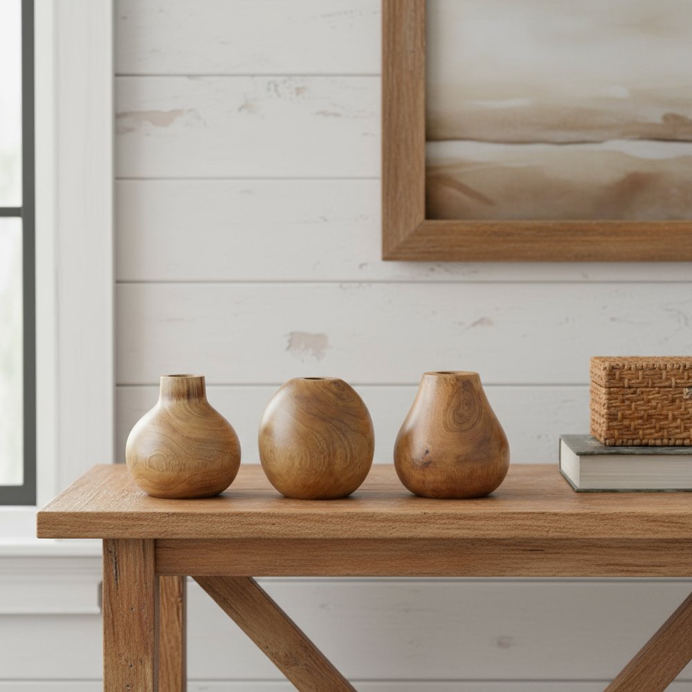 Set of Three Brown Wood Table Vase